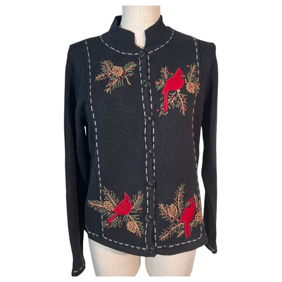 Womens Timberlea Embroidered Black Cardigan Sweater Red Cardinals Size Small VTG - Picture 1 of 9
